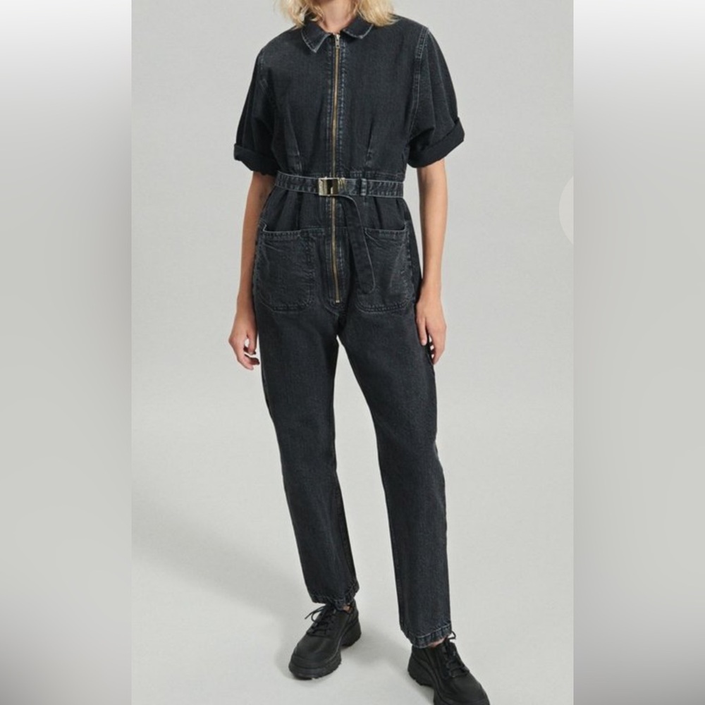 RACHEL COMEY Drill‎ Jumpsuit Washed Dark Blue Black Denim Belted Relaxed Fit 8